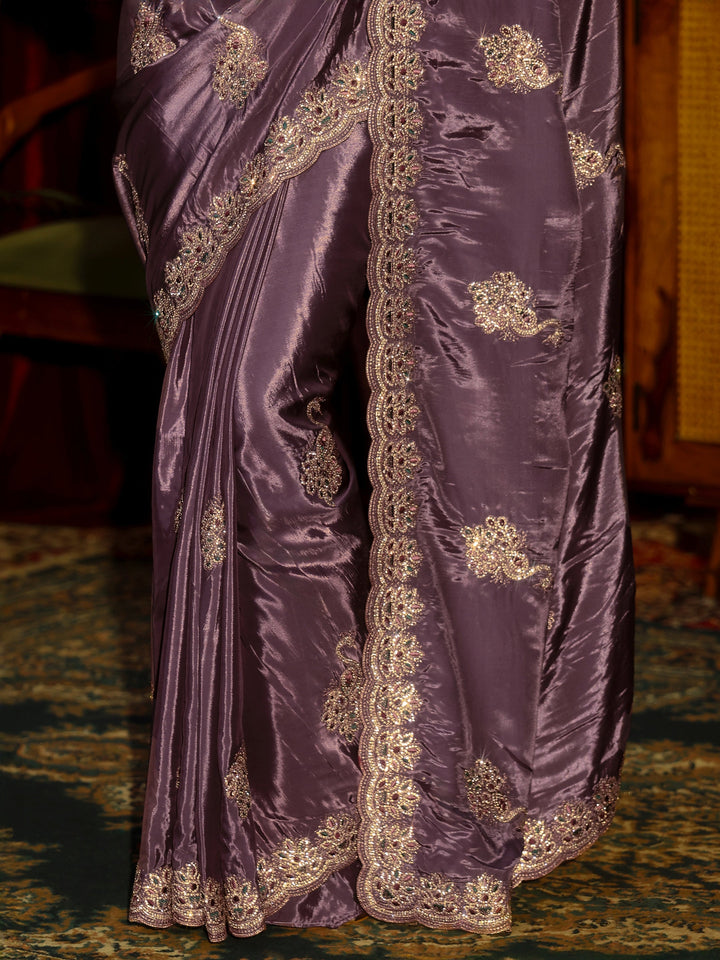Libas Pansy Purple Stone Work Embellished Silk Blend Saree