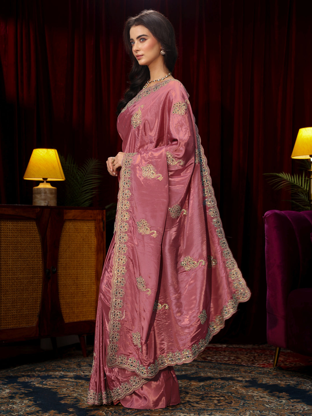 Libas Mauve Stone Work Embellished Silk Blend Saree