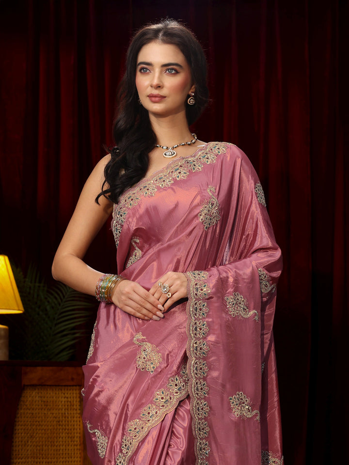 Libas Mauve Stone Work Embellished Silk Blend Saree