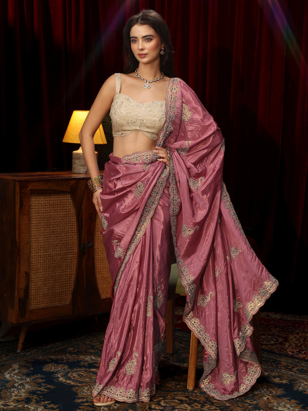 Libas Mauve Stone Work Embellished Silk Blend Saree