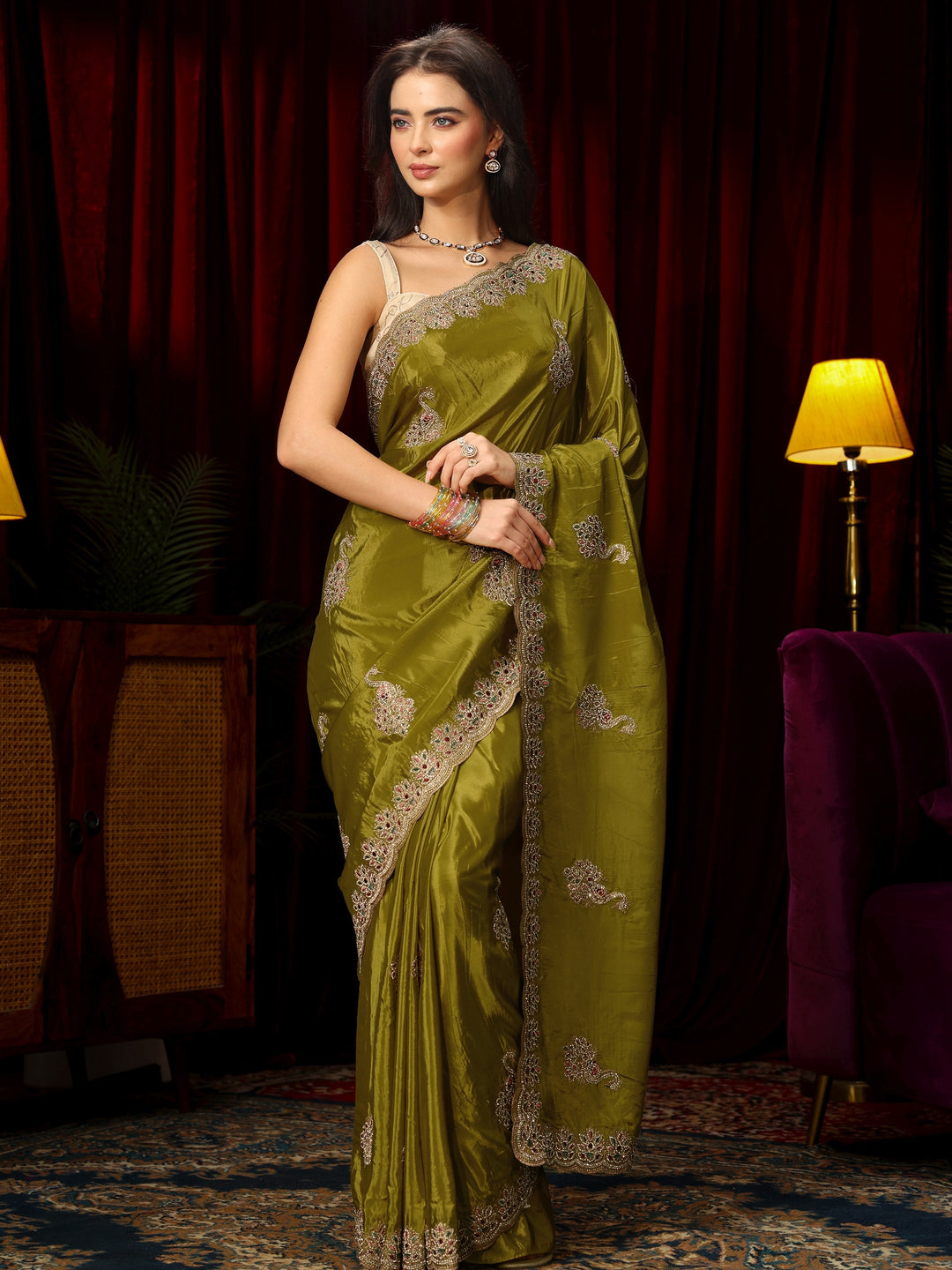 Libas Moss Green Stone Work Embellished Silk Blend Saree