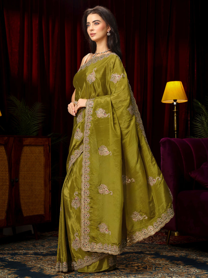 Libas Moss Green Stone Work Embellished Silk Blend Saree