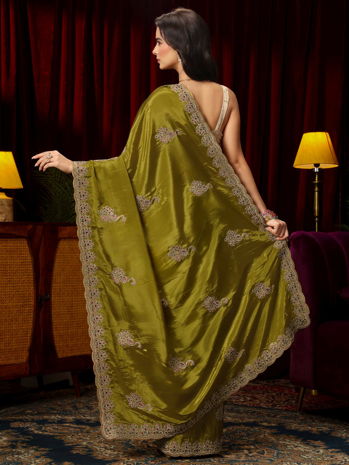 Libas Moss Green Stone Work Embellished Silk Blend Saree