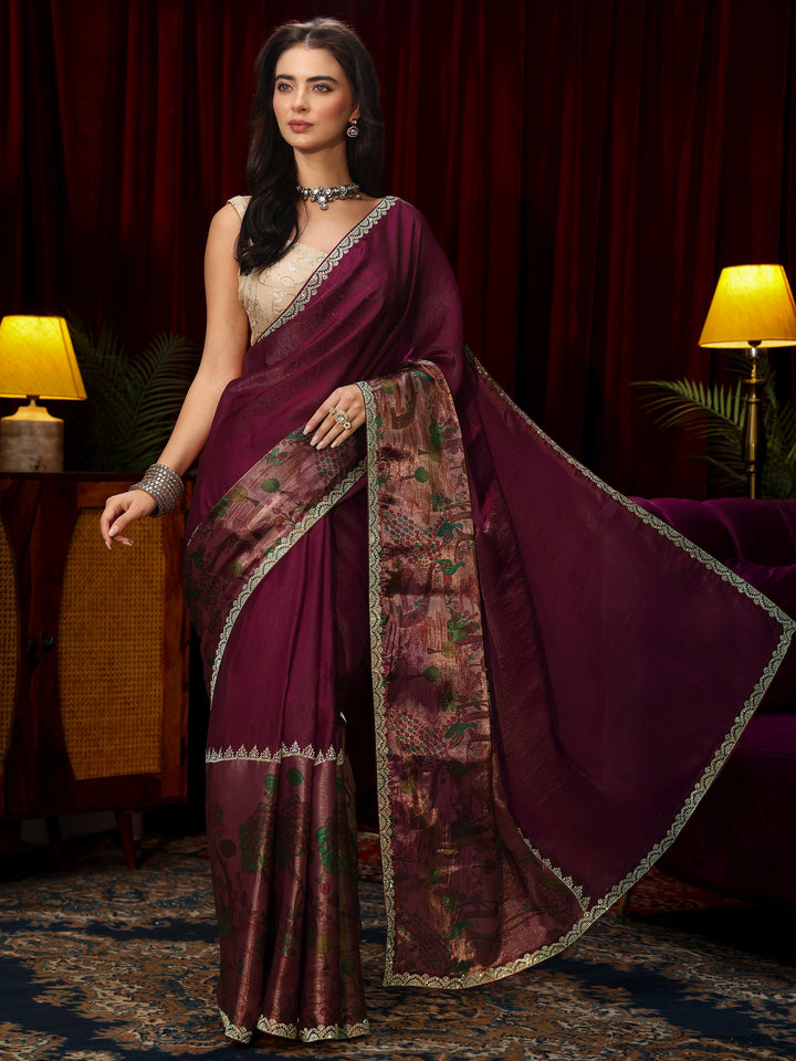 Libas Rani Pink Stone Work Embellished Tissue Saree