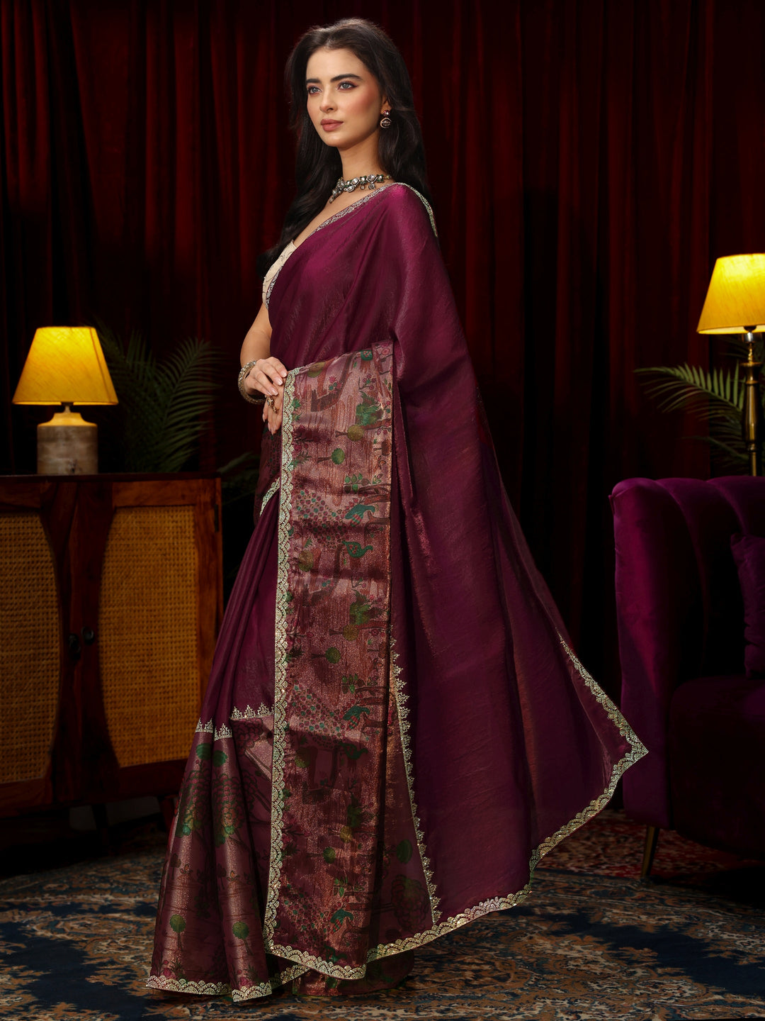 Libas Rani Pink Stone Work Embellished Tissue Saree
