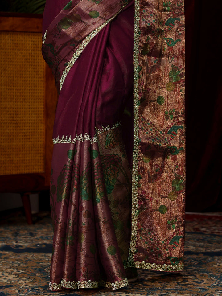 Libas Rani Pink Stone Work Embellished Tissue Saree