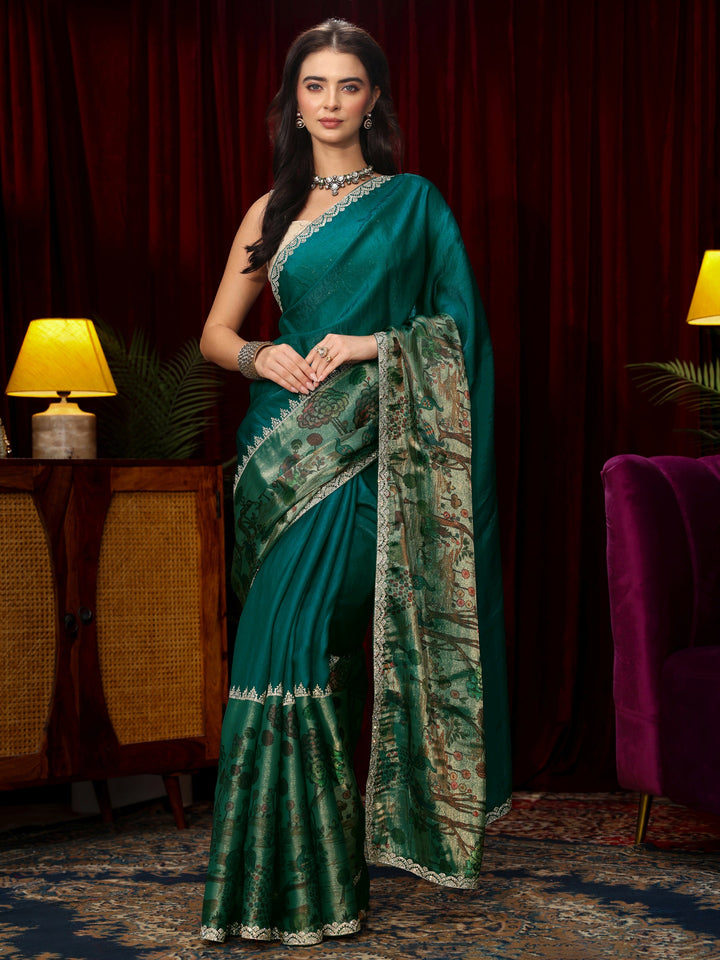 Libas Teal Blue Stone Work Embellished Tissue Saree