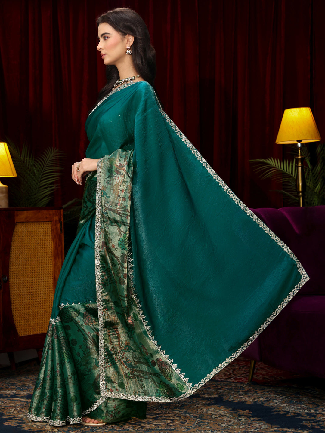 Libas Teal Blue Stone Work Embellished Tissue Saree