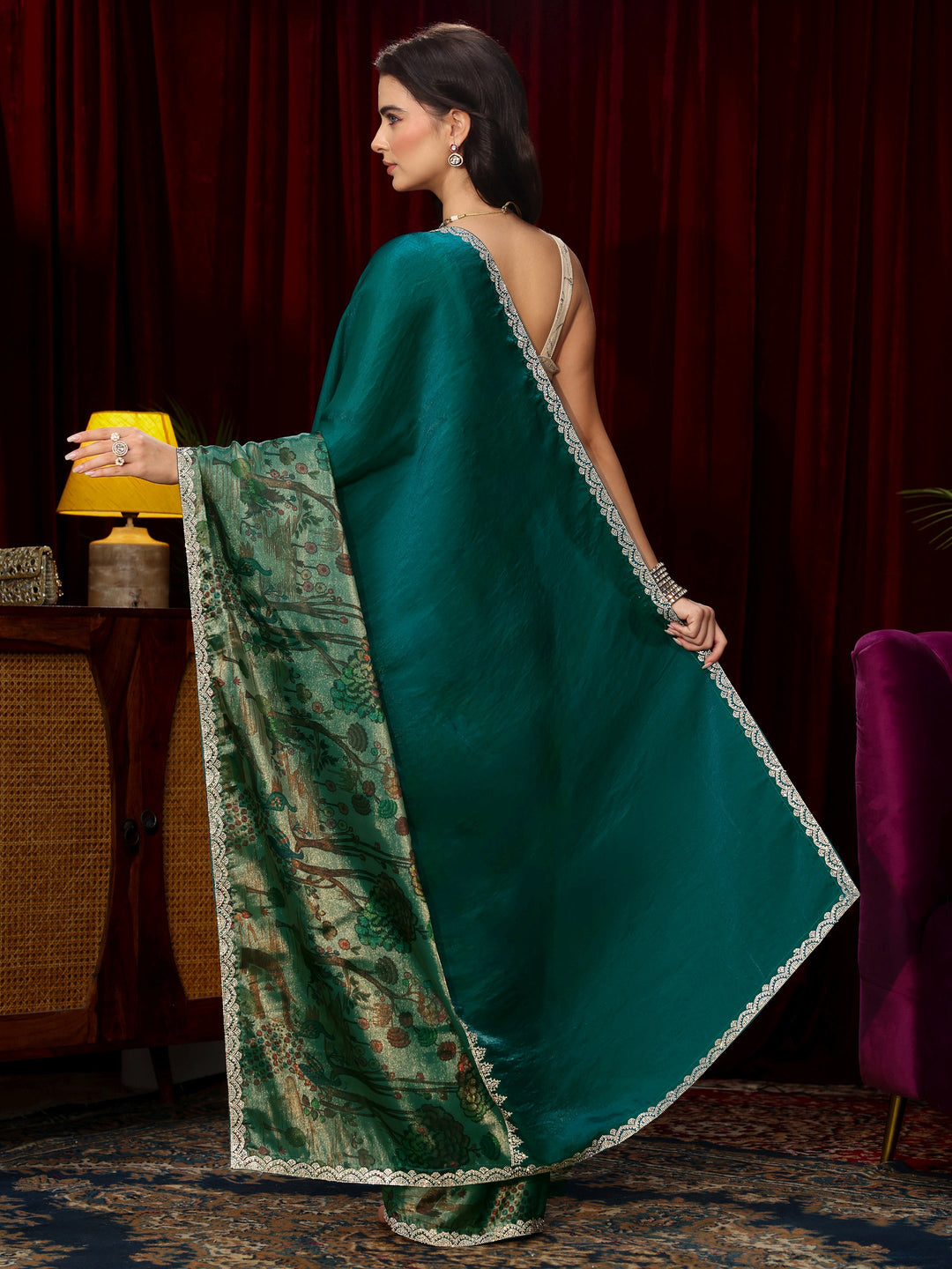 Libas Teal Blue Stone Work Embellished Tissue Saree
