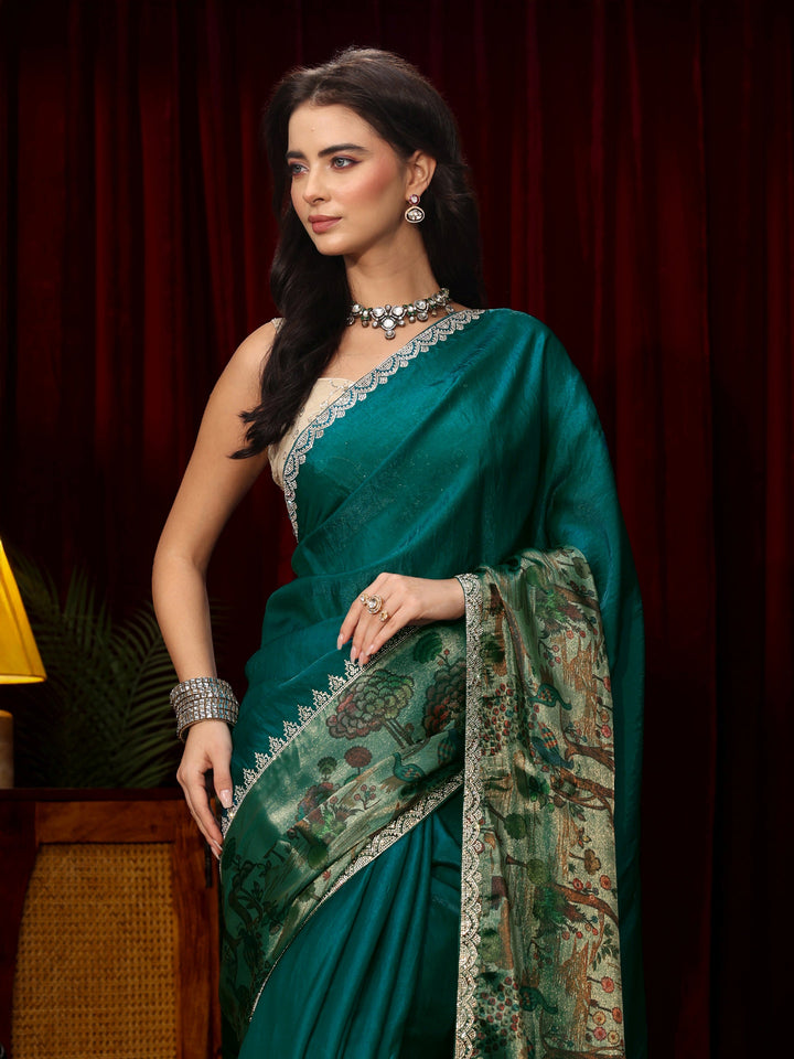 Libas Teal Blue Stone Work Embellished Tissue Saree