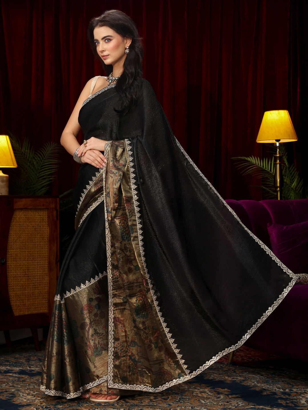 Libas Black Stone Work Embellished Tissue Saree