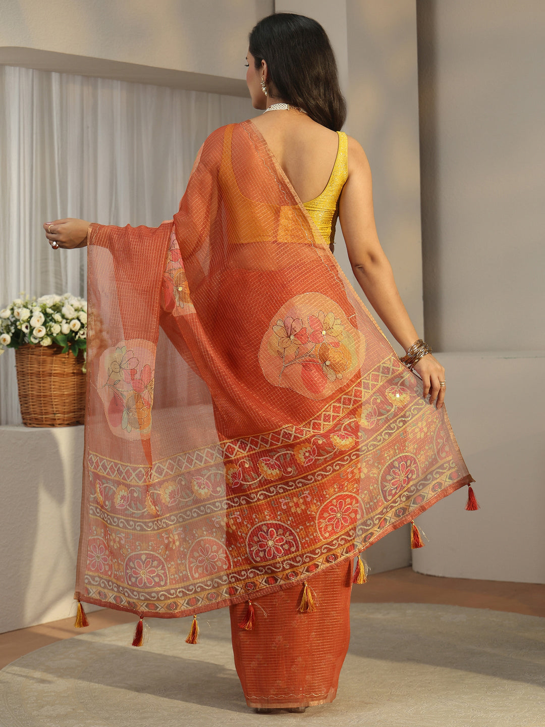 Libas Rust Brown Floral Printed Silk Blend Saree