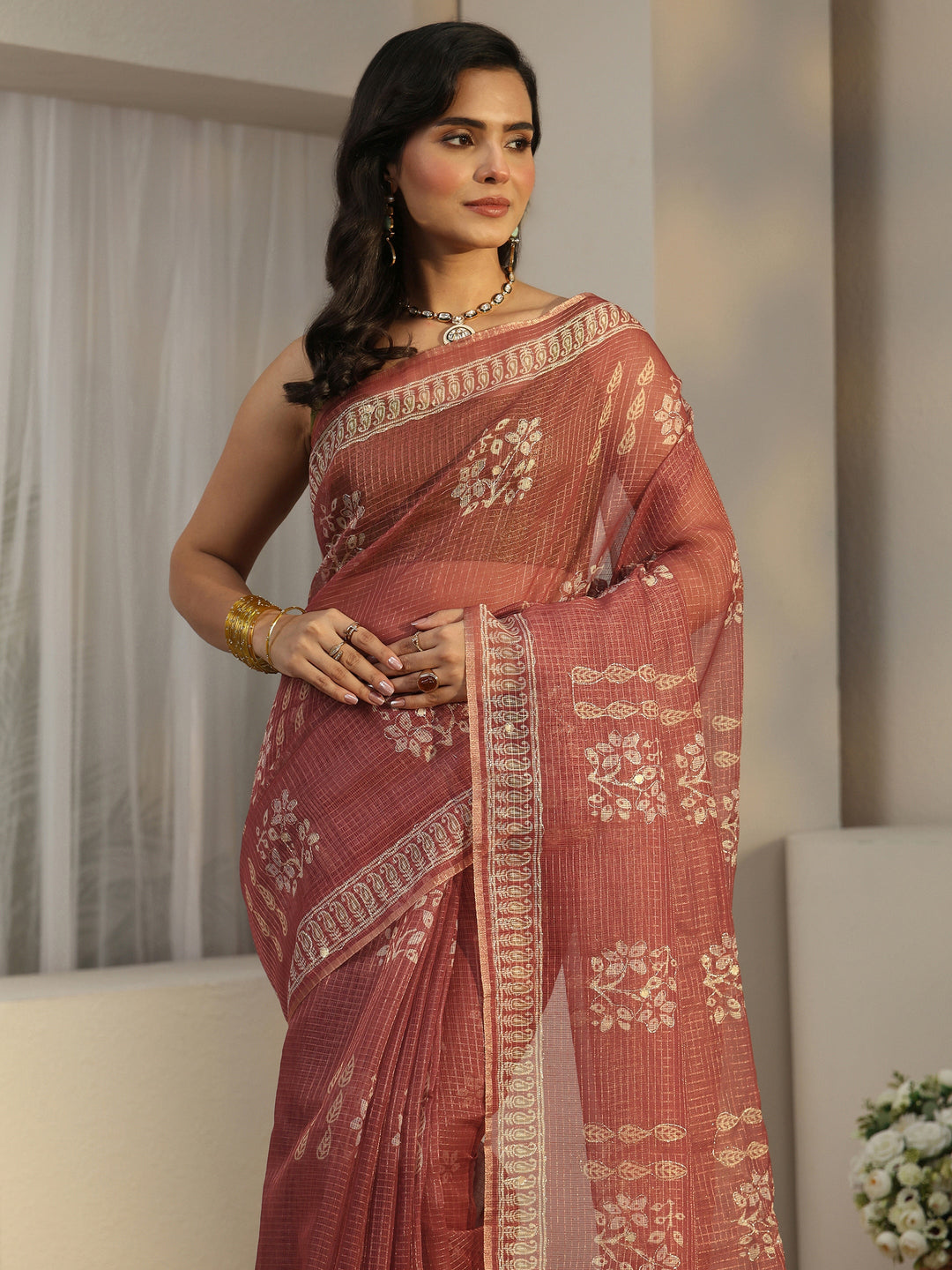 Libas Mauve Floral Printed Silk Blend Saree