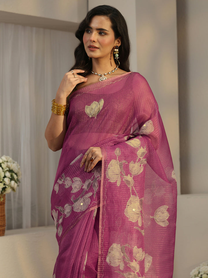 Libas Berry Purple Floral Printed Silk Blend Saree