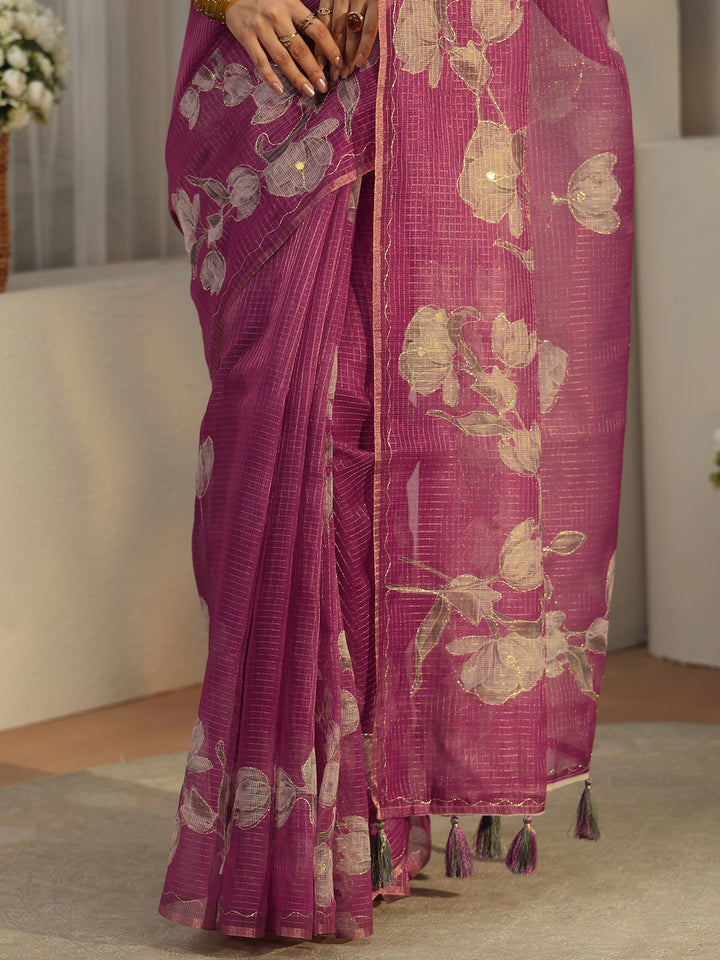 Libas Berry Purple Floral Printed Silk Blend Saree
