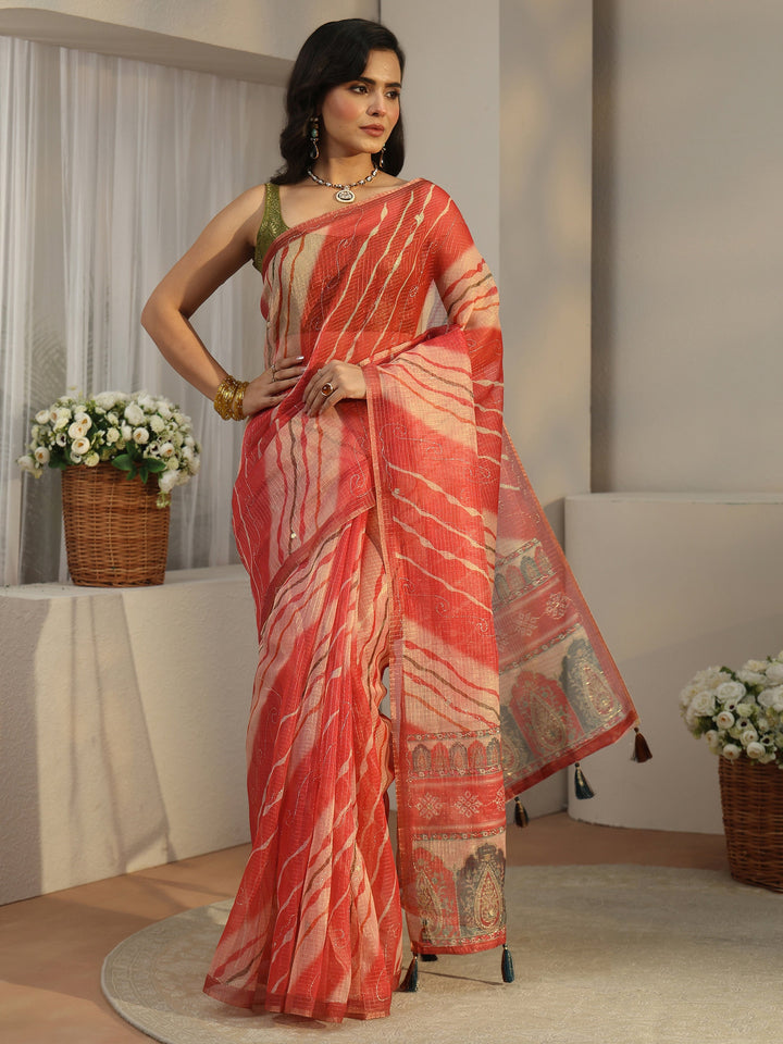 Libas Coral Red Leheriya Silk Blend Saree