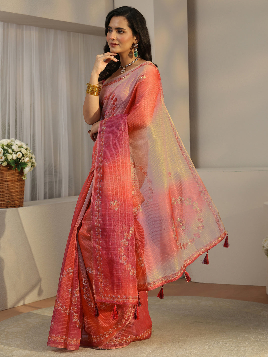Libas Peach Pink Floral Printed Silk Blend Saree
