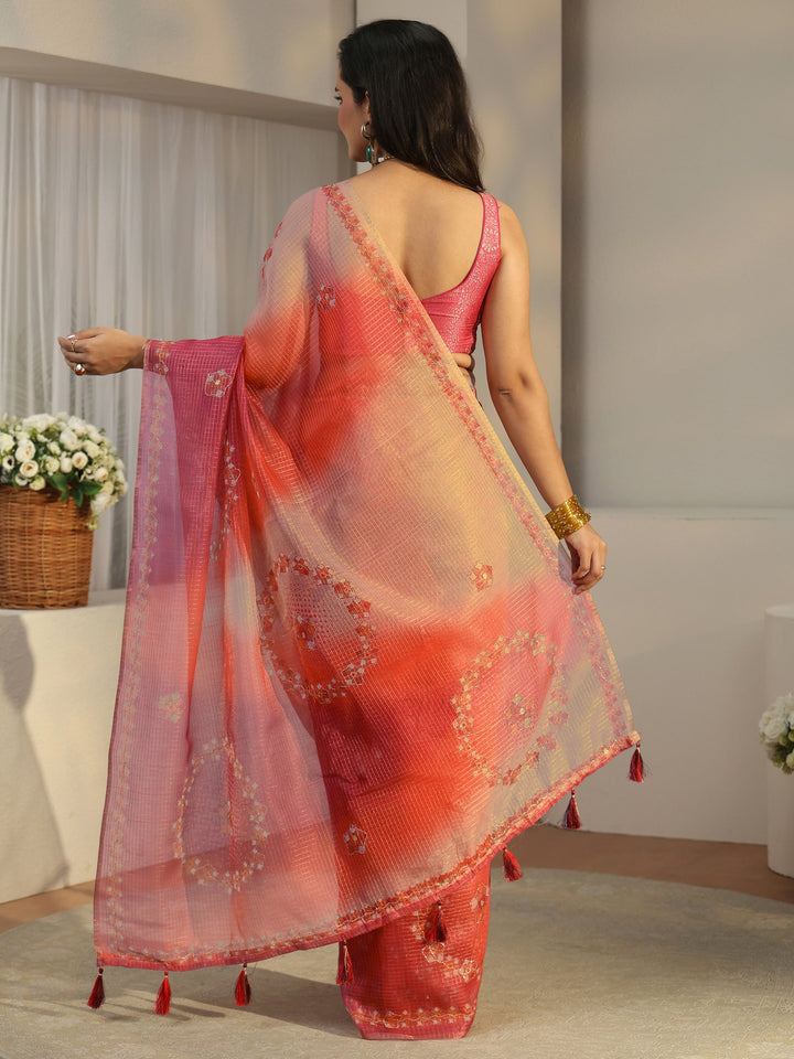 Libas Peach Pink Floral Printed Silk Blend Saree