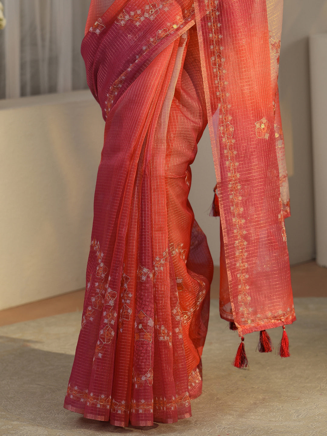 Libas Peach Pink Floral Printed Silk Blend Saree