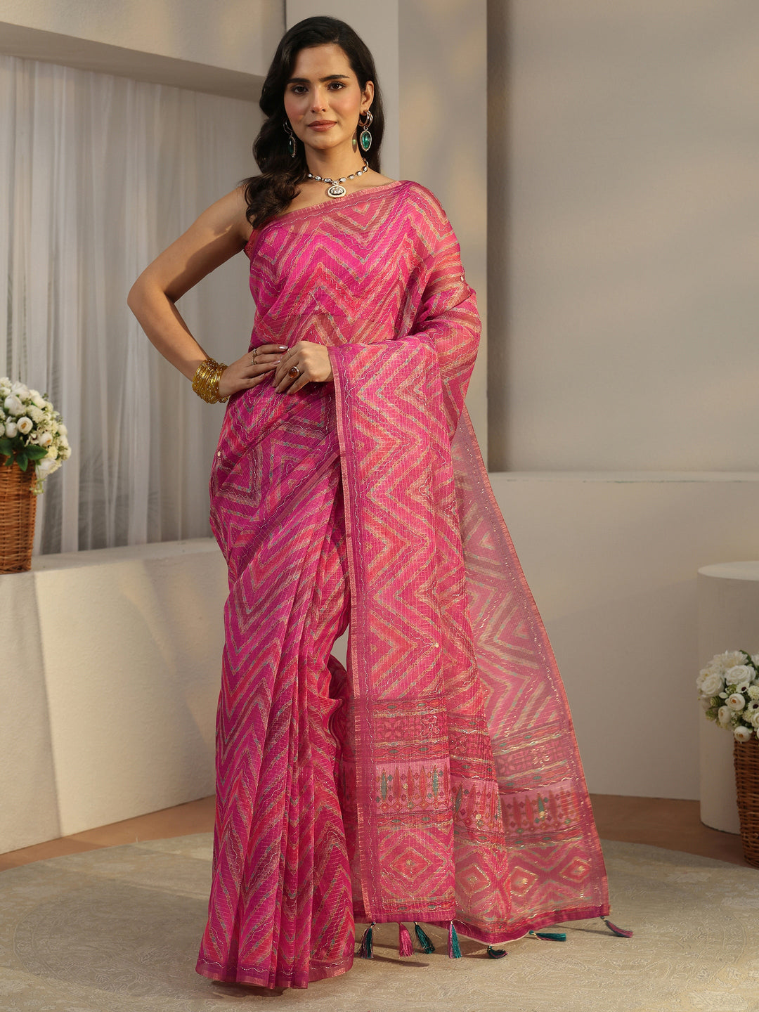 Libas Rani Pink Chevron Printed Silk Blend Saree