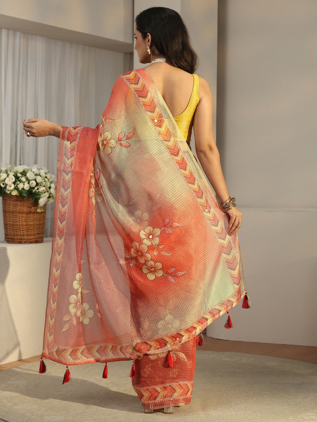 Libas Multi Colour Floral Printed Silk Blend Saree with Chevron Border