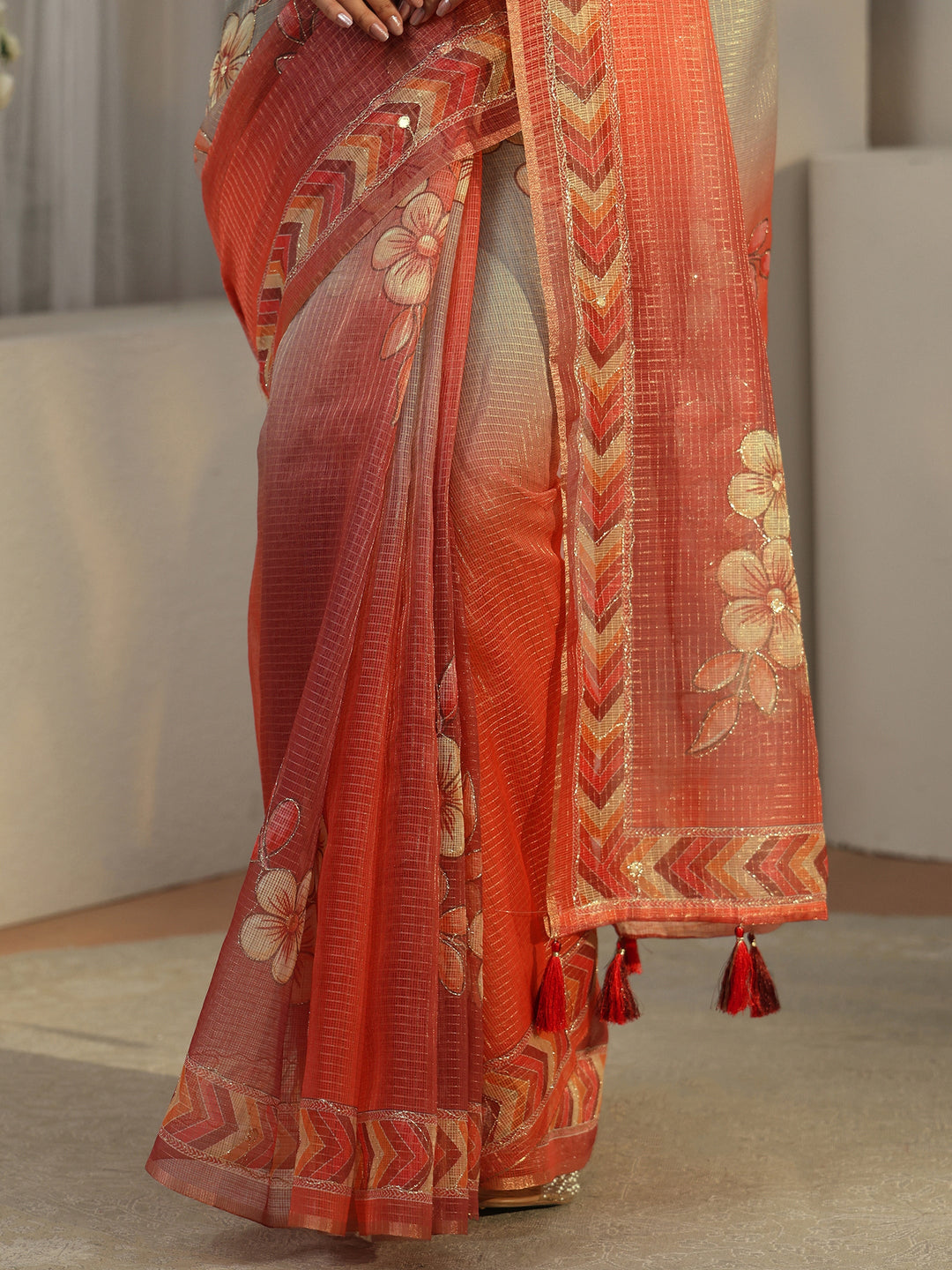 Libas Multi Colour Floral Printed Silk Blend Saree with Chevron Border
