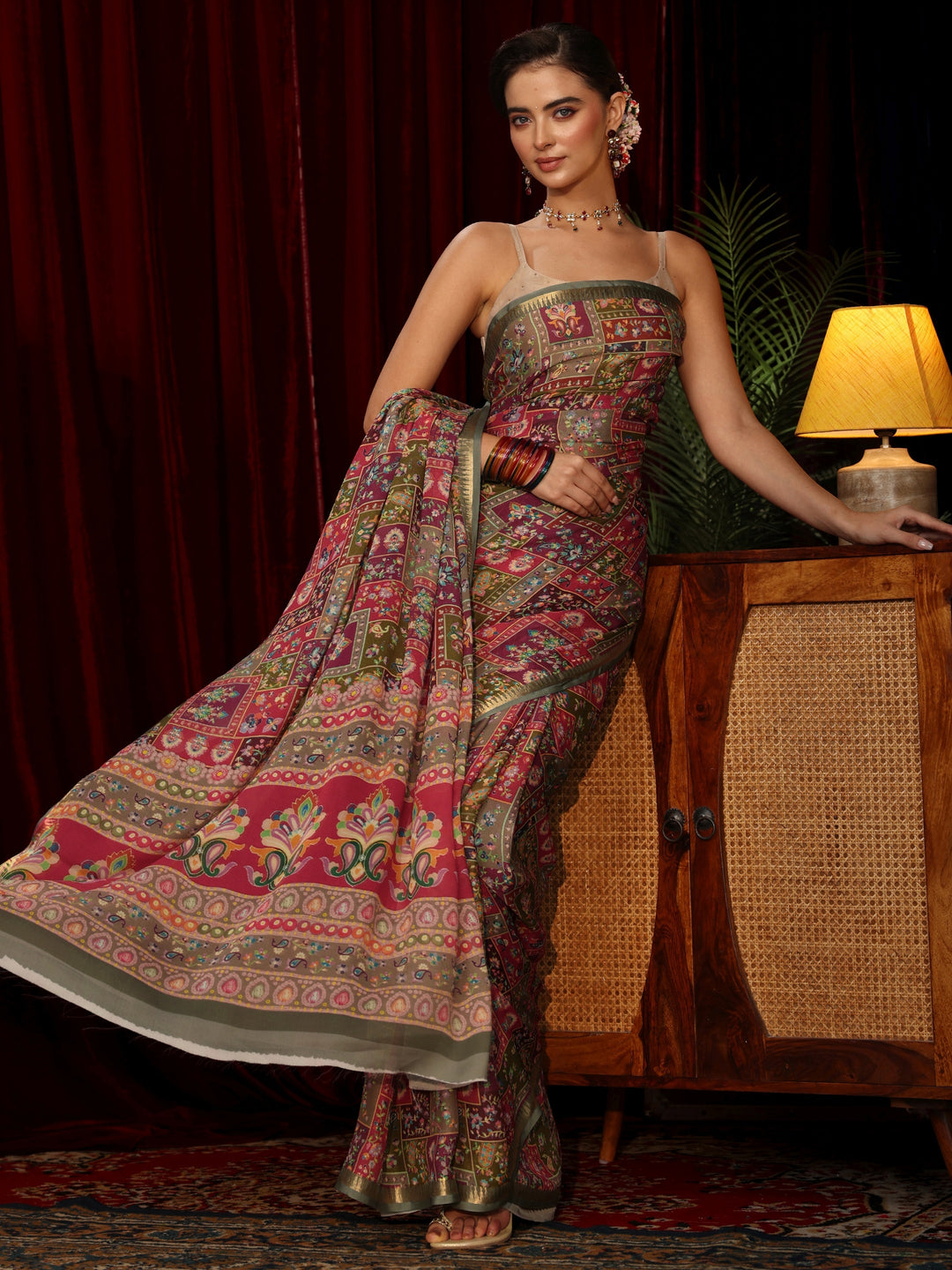 Libas Multi Coloured Floral Printed Silk Blend Saree