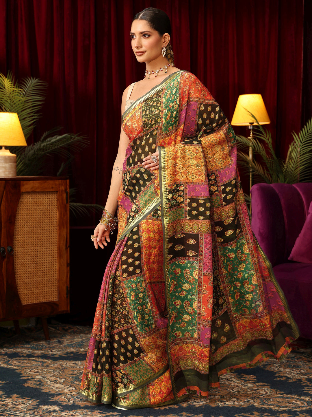 Libas Multicolour Patch Work Print Silk Blend Saree