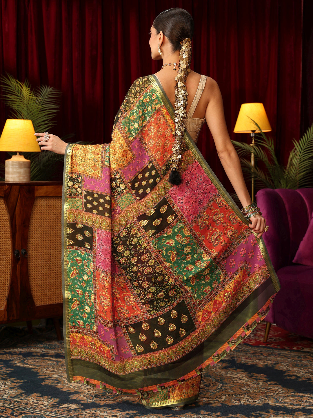 Libas Multicolour Patch Work Print Silk Blend Saree