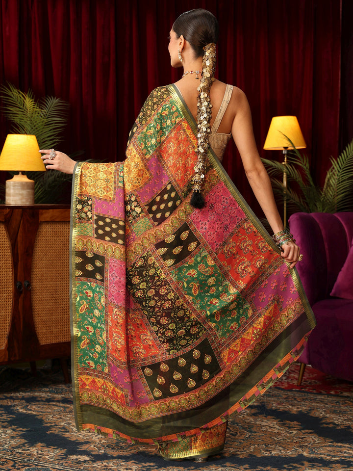 Libas Multicolour Patch Work Print Silk Blend Saree