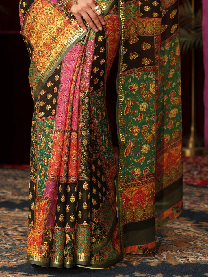 Libas Multicolour Patch Work Print Silk Blend Saree