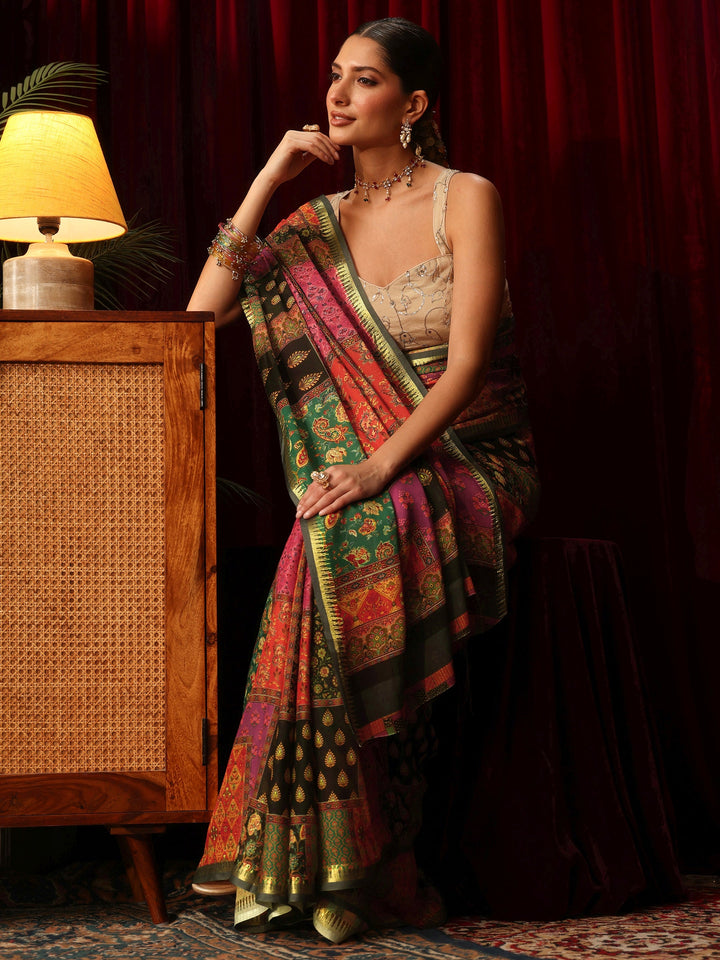 Libas Multicolour Patch Work Print Silk Blend Saree