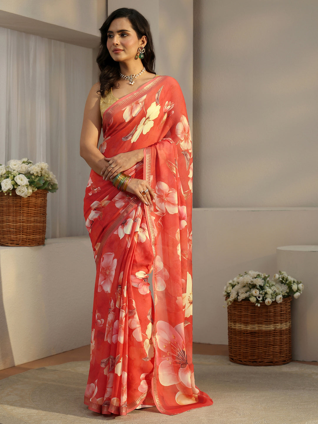 Libas Orange Floral Printed Silk Blend Saree