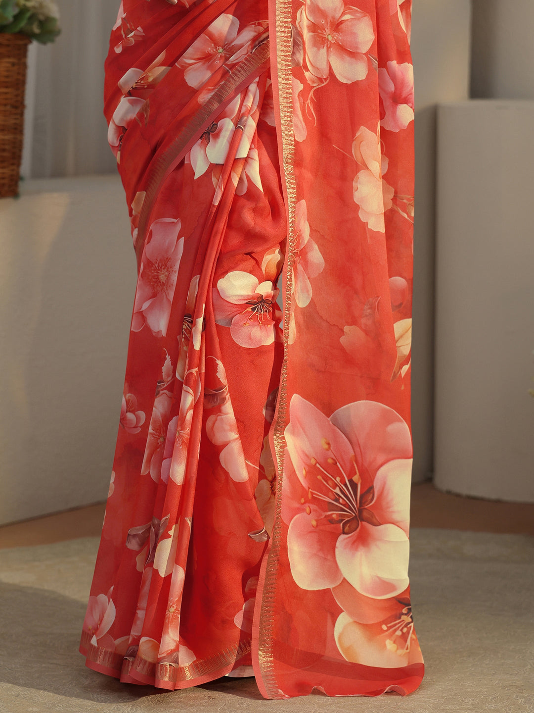 Libas Orange Floral Printed Silk Blend Saree