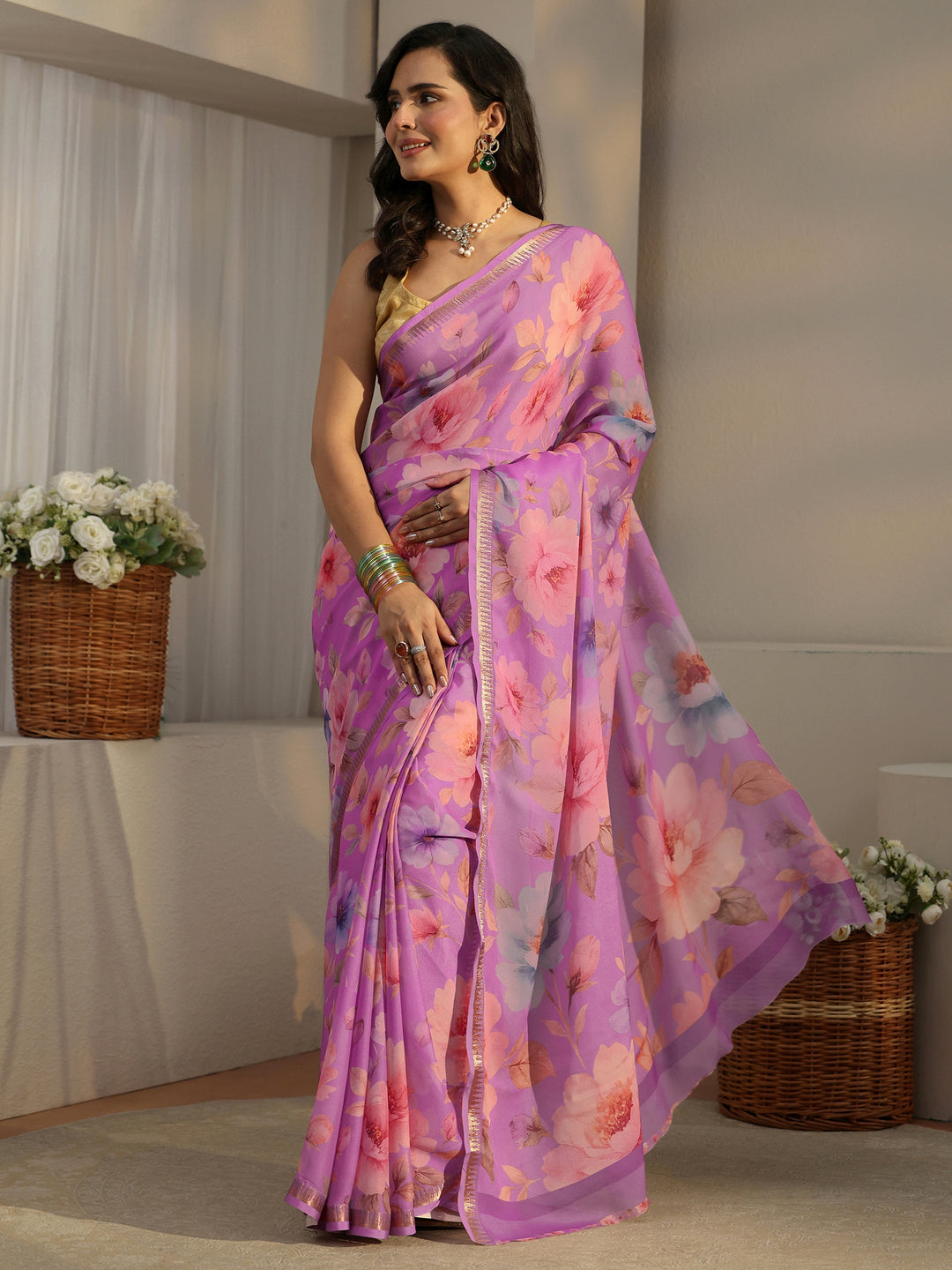 Libas Lavender Floral Printed Silk Blend Saree