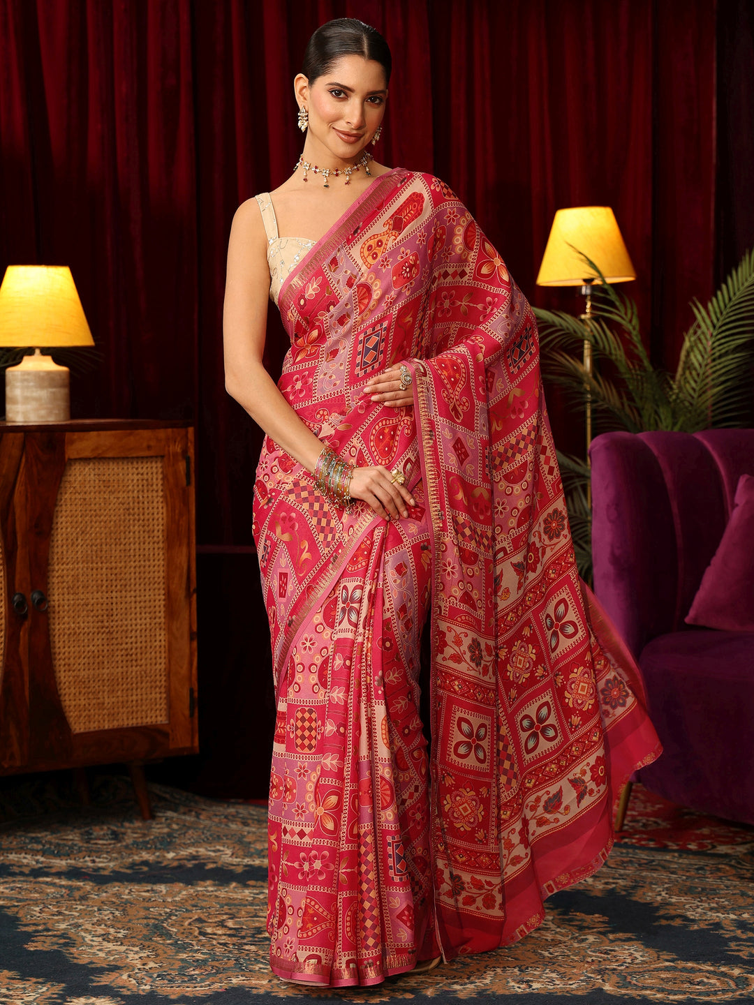 Libas Pink Multi Print Silk Blend Saree