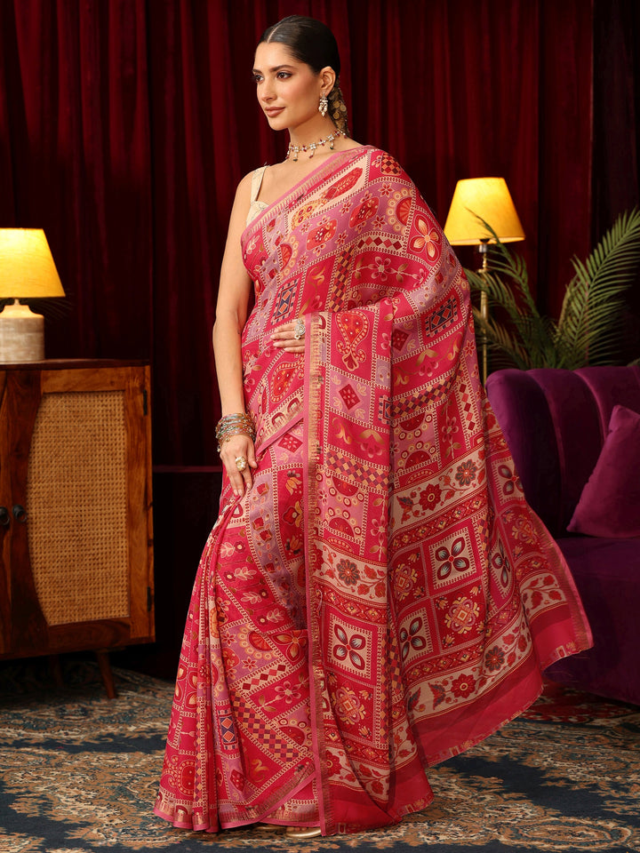 Libas Pink Multi Print Silk Blend Saree