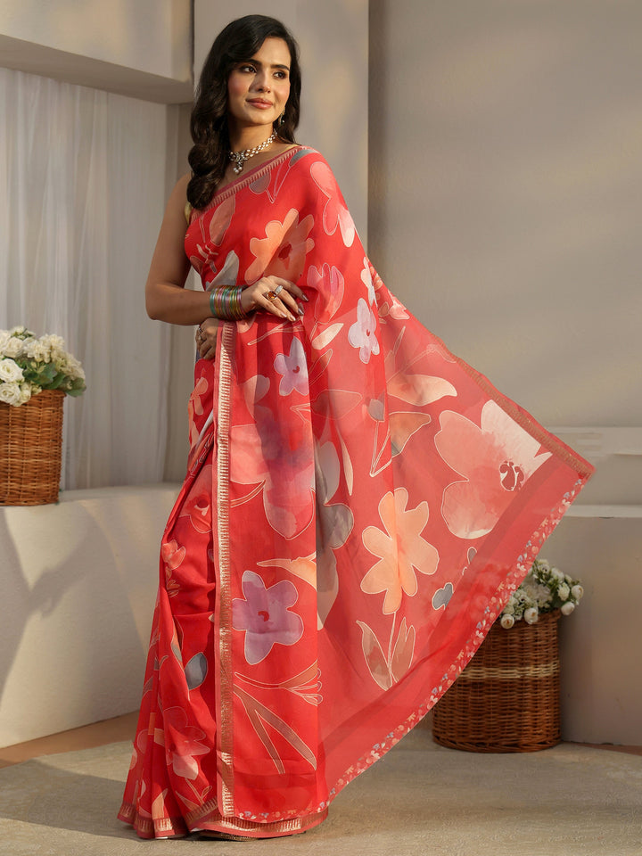 Libas Scarlet Red Floral Printed Silk Blend Saree