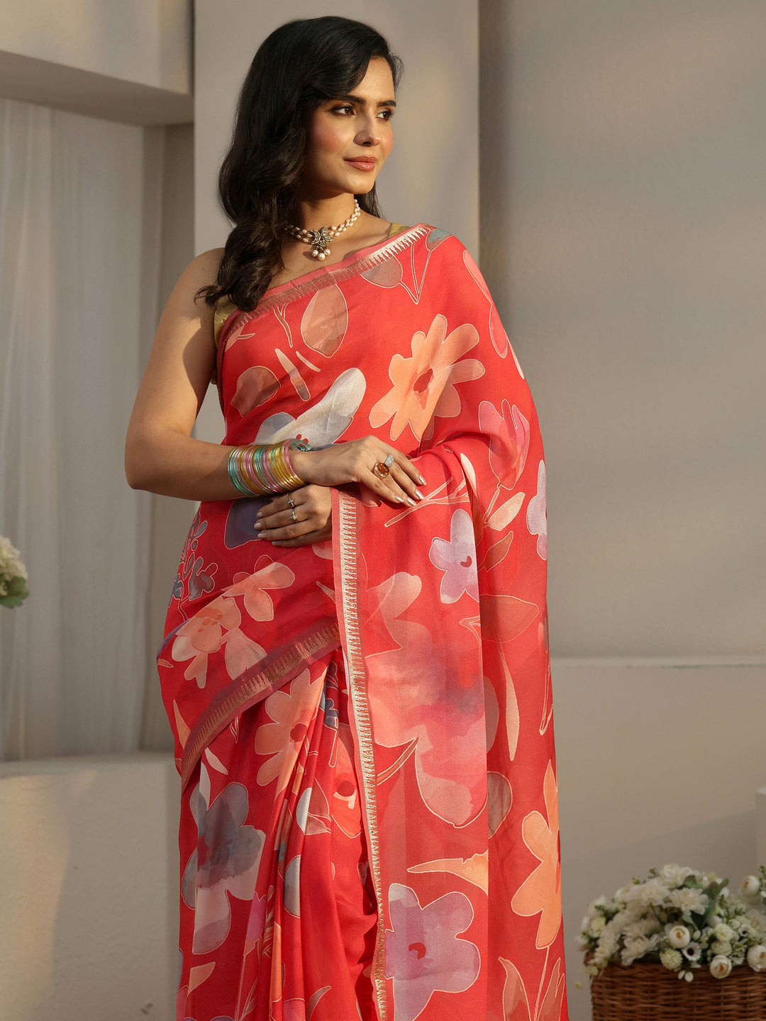 Libas Scarlet Red Floral Printed Silk Blend Saree