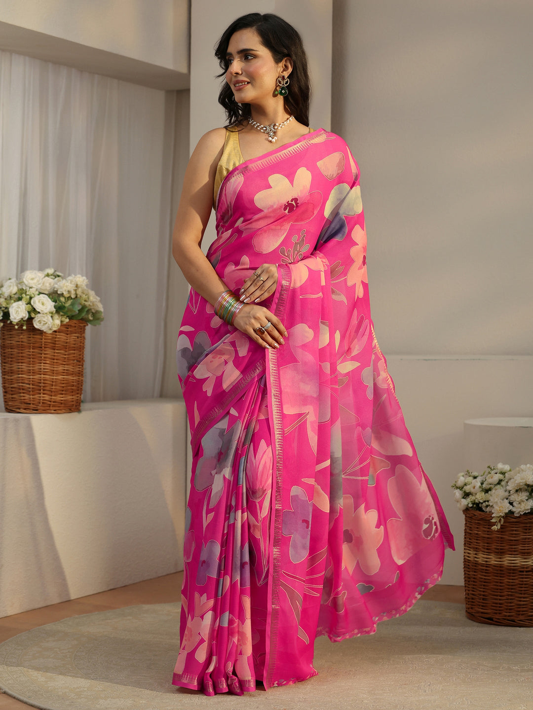 Libas Fuchsia Pink Floral Printed Silk Blend Saree