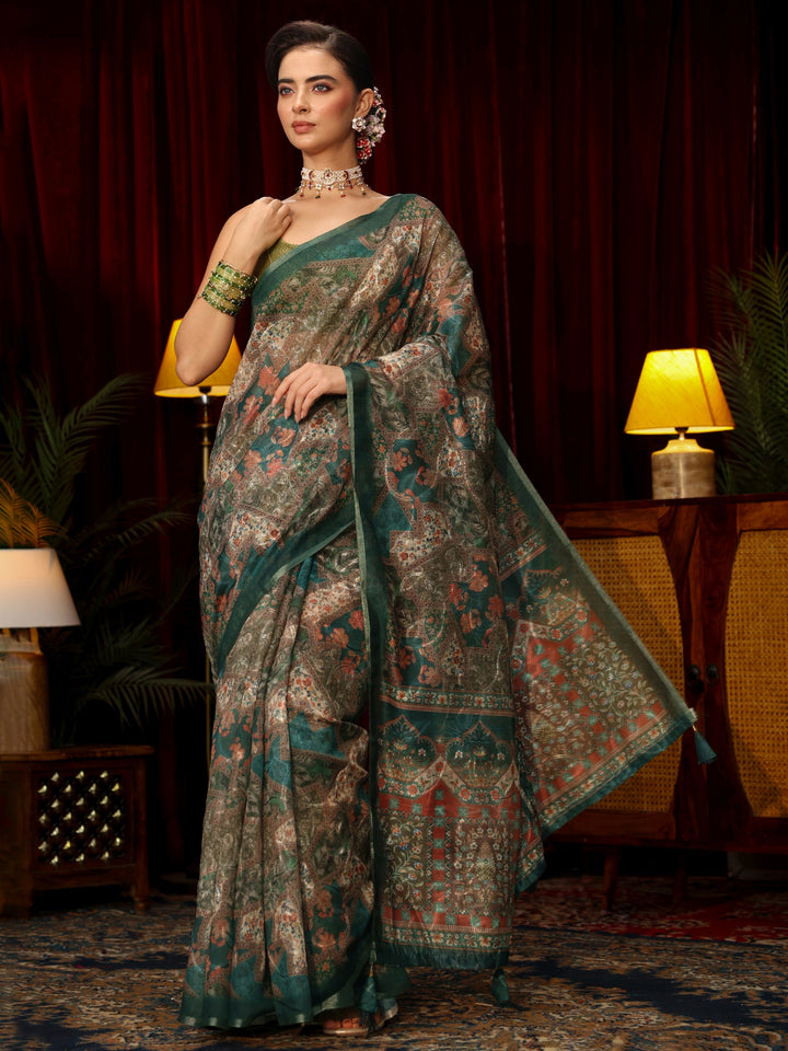Libas Green Floral Printed Silk Blend Saree