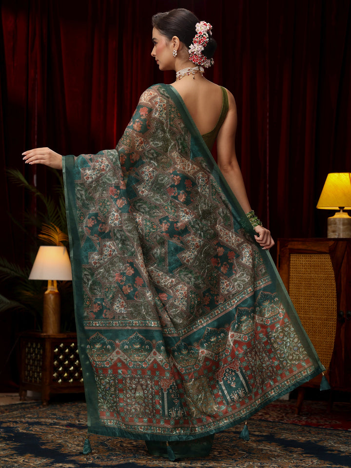 Libas Green Floral Printed Silk Blend Saree