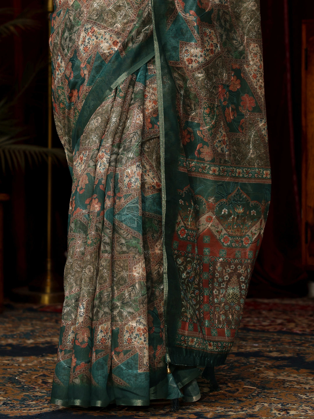 Libas Green Floral Printed Silk Blend Saree