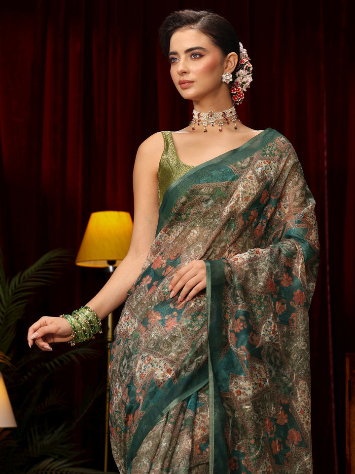 Libas Green Floral Printed Silk Blend Saree
