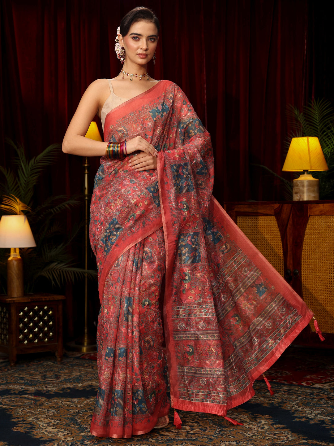 Libas Red Floral Printed Silk Blend Saree