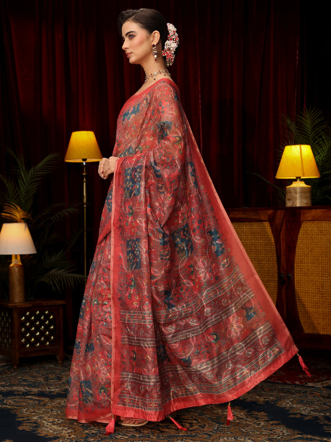 Libas Red Floral Printed Silk Blend Saree