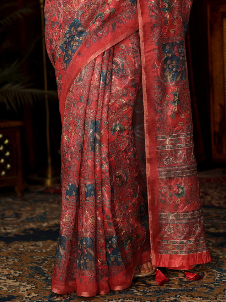 Libas Red Floral Printed Silk Blend Saree