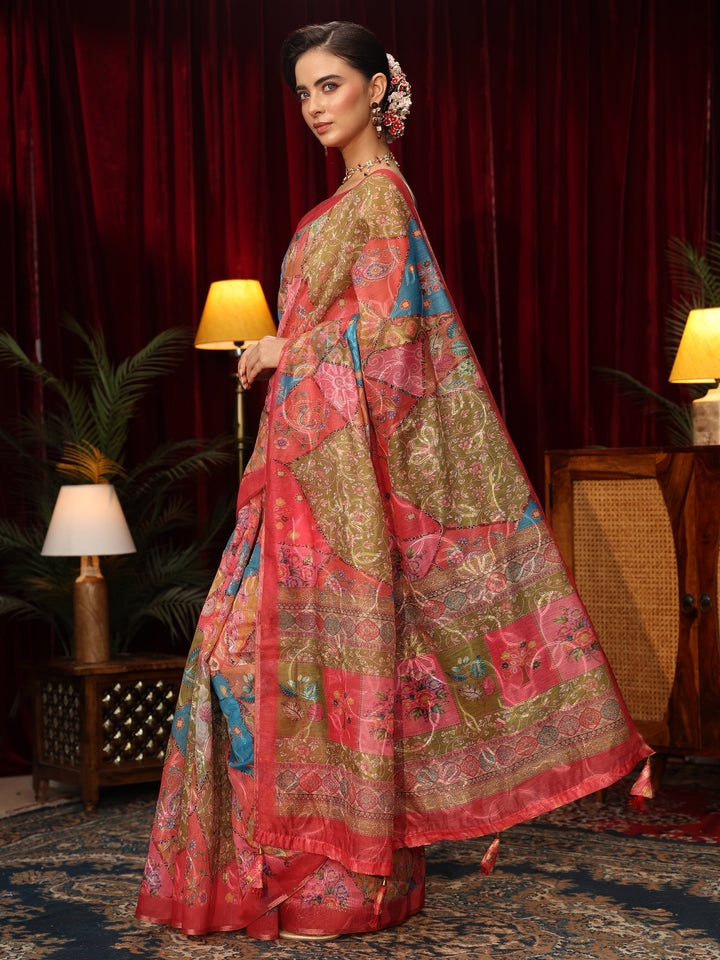 Libas Multi Coloured Floral Printed Silk Blend Saree
