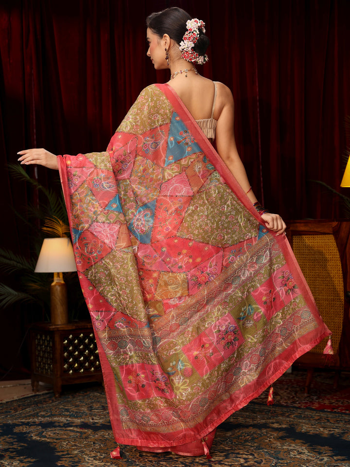 Libas Multi Coloured Floral Printed Silk Blend Saree