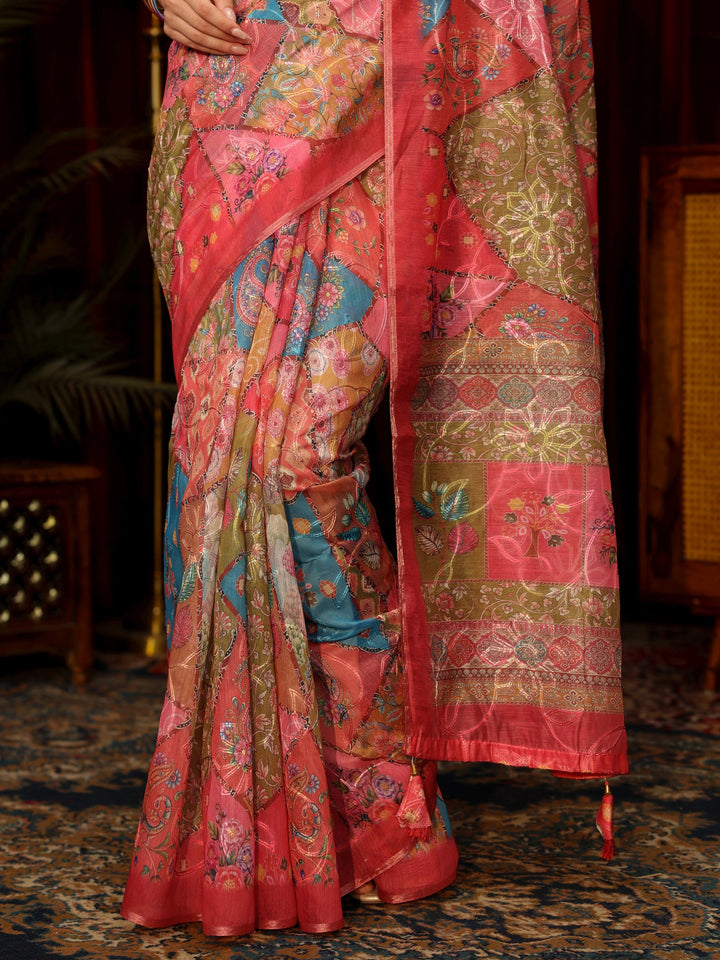 Libas Multi Coloured Floral Printed Silk Blend Saree